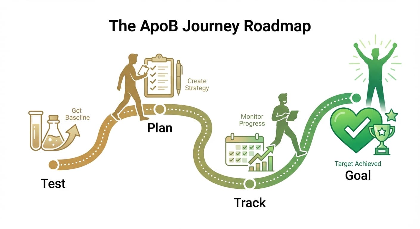 The ApoB journey roadmap: Test, Plan, Track, Goal - showing progression from baseline to target achieved