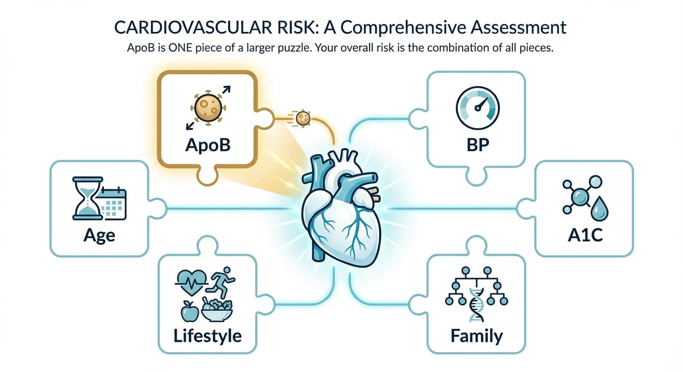 Cardiovascular risk assessment puzzle showing ApoB as one piece among blood pressure, blood sugar, family history, lifestyle, and age