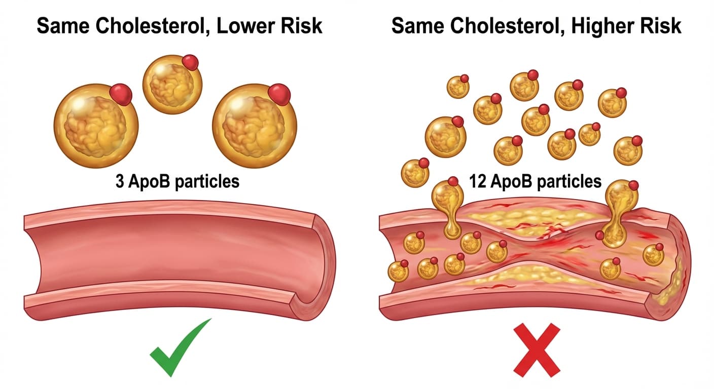 Diagram comparing cholesterol particle scenarios: same cholesterol, different particle counts